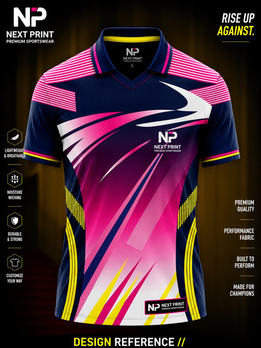 Premium navy blue polo sports jersey with vibrant pink, white, and yellow racing graphics made from lightweight dry-fit performance fabric.