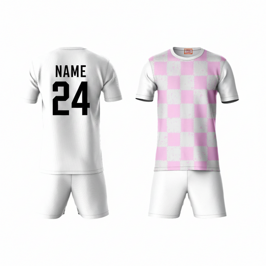 Pink white checkered sports t-shirt with white shorts back view for men