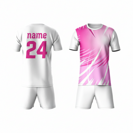 Pink white activewear t-shirt with white shorts back view