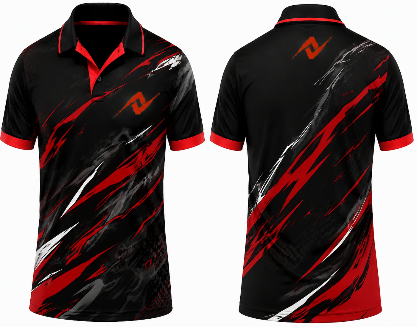 Premium black crimson Firewave cricket jersey front and back with orange logo on left chest and upper back, V-neck polo collar sublimation sports jersey