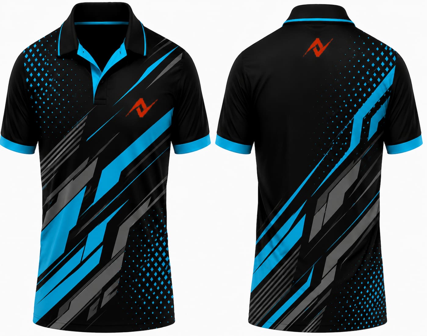 Premium black cyan Carbon X cricket jersey front and back with orange logo on left chest and upper back, V-neck polo collar sublimation sports jersey