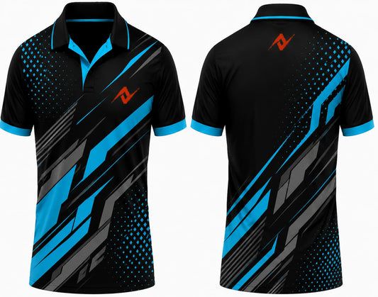 Premium black cyan Carbon X cricket jersey front and back with orange logo on left chest and upper back, V-neck polo collar sublimation sports jersey