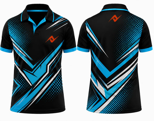 Premium black cyan chevron cricket jersey front and back with orange logo on left chest and upper back, V-neck polo collar sublimation sports jersey