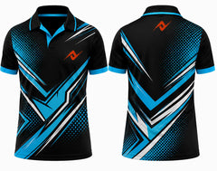 Premium black cyan chevron cricket jersey front and back with orange logo on left chest and upper back, V-neck polo collar sublimation sports jersey