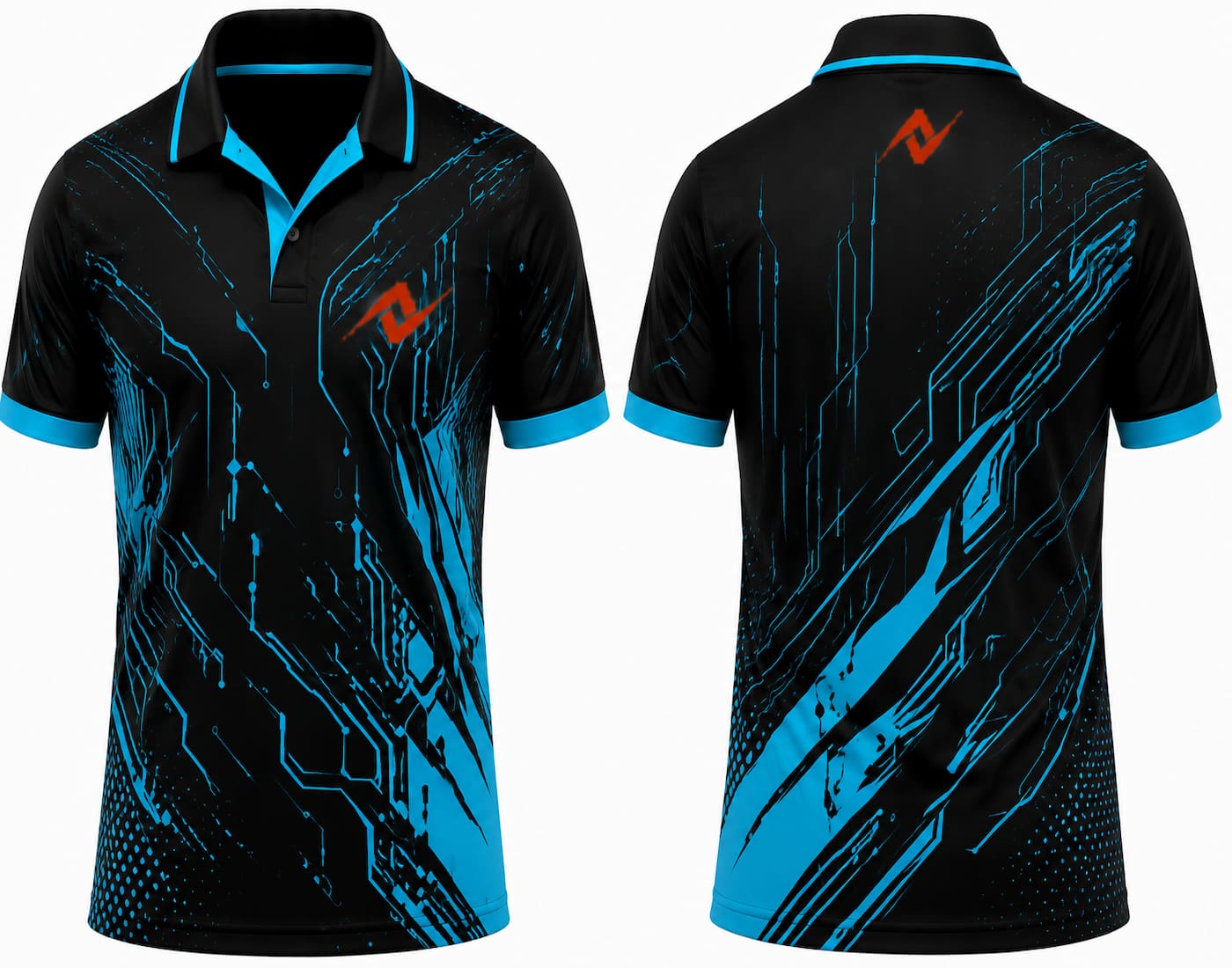 Premium black cyan Cyber Circuit cricket jersey front and back with orange logo on left chest and upper back, V-neck polo collar sublimation sports jersey