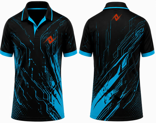 Premium black cyan Cyber Circuit cricket jersey front and back with orange logo on left chest and upper back, V-neck polo collar sublimation sports jersey