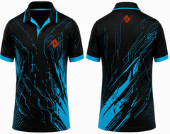 Premium black cyan Cyber Circuit cricket jersey front and back with orange logo on left chest and upper back, V-neck polo collar sublimation sports jersey