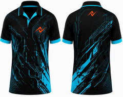 Premium black cyan Cyber Pulse cricket jersey front and back with orange logo on left chest and upper back, futuristic circuit graphics, V-neck polo collar sublimation sports jersey