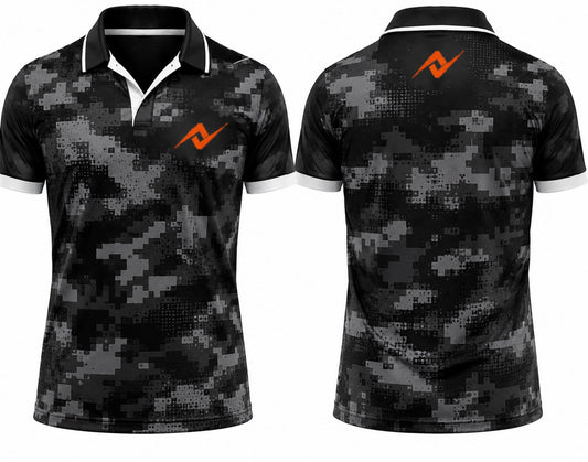 Premium black digital camouflage cricket jersey front and back with orange logo on left chest and upper back, V-neck polo collar sublimation sports jersey