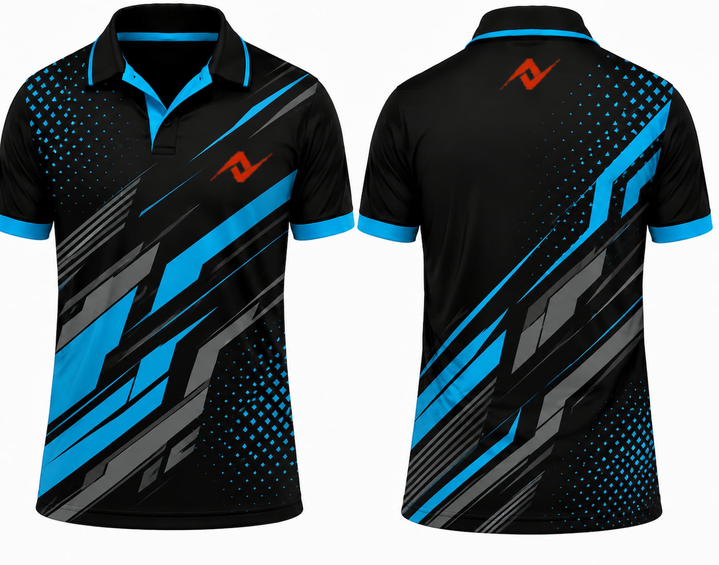 Premium black electric blue vector cricket jersey front and back with orange logo on left chest and upper back, V-neck polo collar sublimation sports jersey