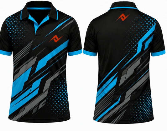 Premium black electric blue vector cricket jersey front and back with orange logo on left chest and upper back, V-neck polo collar sublimation sports jersey