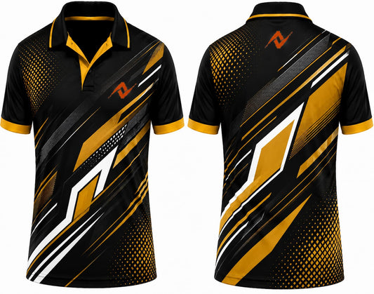Premium black gold Apex Elite cricket jersey front and back with orange logo on left chest and upper back, V-neck polo collar sublimation sports jersey