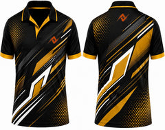 Premium black gold Apex Elite cricket jersey front and back with orange logo on left chest and upper back, V-neck polo collar sublimation sports jersey
