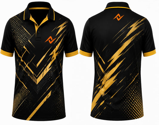 Premium black gold Apex Fusion cricket jersey front and back with orange logo on left chest and upper back, metallic gold geometric graphics, V-neck polo collar sublimation sports jersey