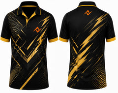 Premium black gold Apex Fusion cricket jersey front and back with orange logo on left chest and upper back, metallic gold geometric graphics, V-neck polo collar sublimation sports jersey