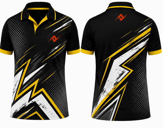 Premium black gold bolt cricket jersey front and back with orange logo on left chest and upper back, V-neck polo collar sublimation sports jersey