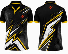 Premium black gold bolt cricket jersey front and back with orange logo on left chest and upper back, V-neck polo collar sublimation sports jersey
