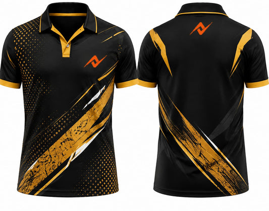 Premium black and gold elite cricket jersey front and back with orange logo on left chest and upper back, V-neck polo collar sublimation sports jersey
