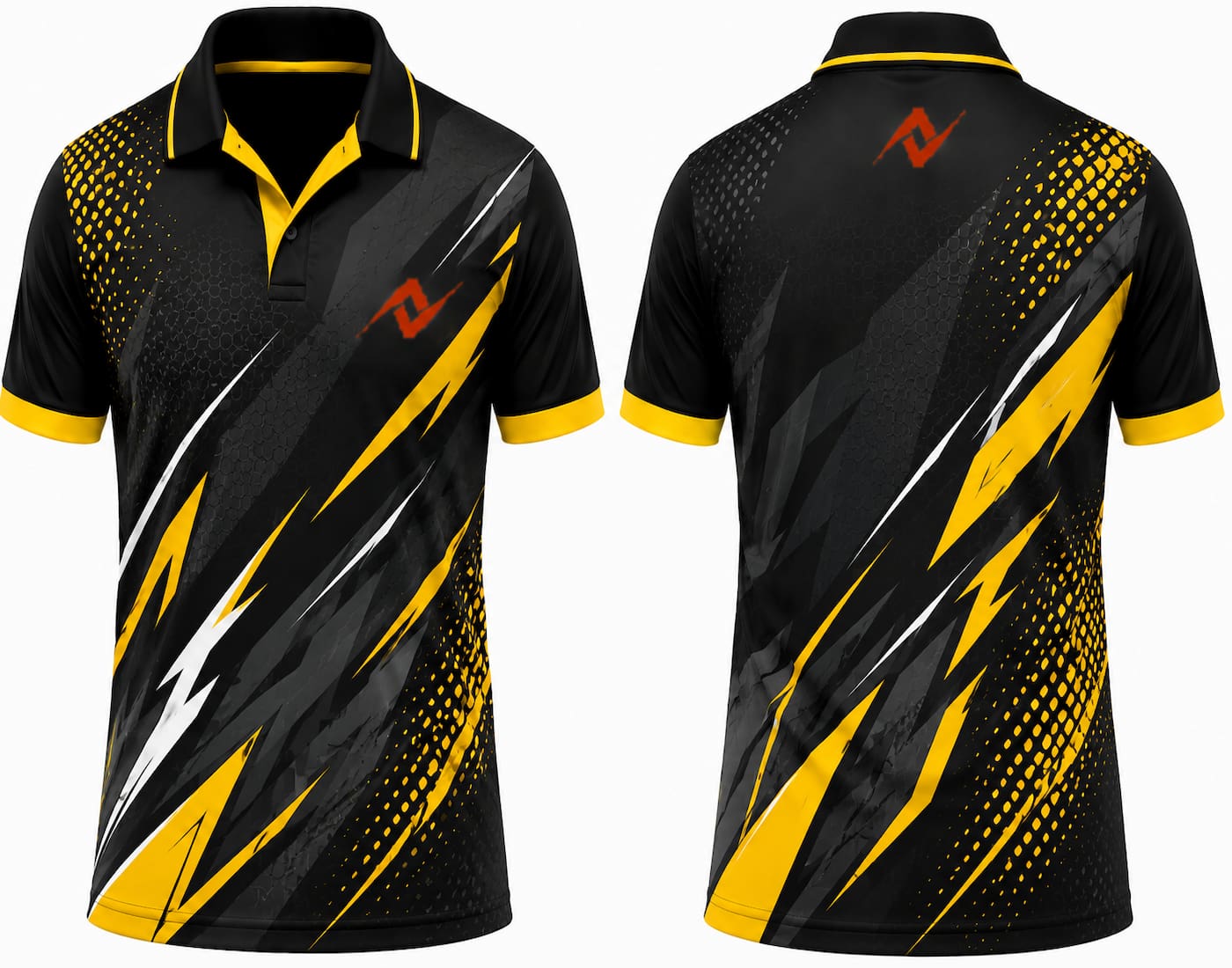 Premium black gold Lightning Elite cricket jersey front and back with orange logo on left chest and upper back, V-neck polo collar sublimation sports jersey