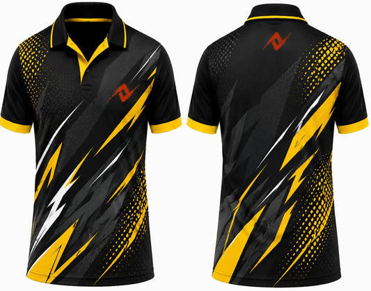 Premium black gold Lightning Elite cricket jersey front and back with orange logo on left chest and upper back, V-neck polo collar sublimation sports jersey