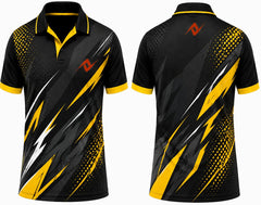 Premium black gold Lightning Elite cricket jersey front and back with orange logo on left chest and upper back, V-neck polo collar sublimation sports jersey