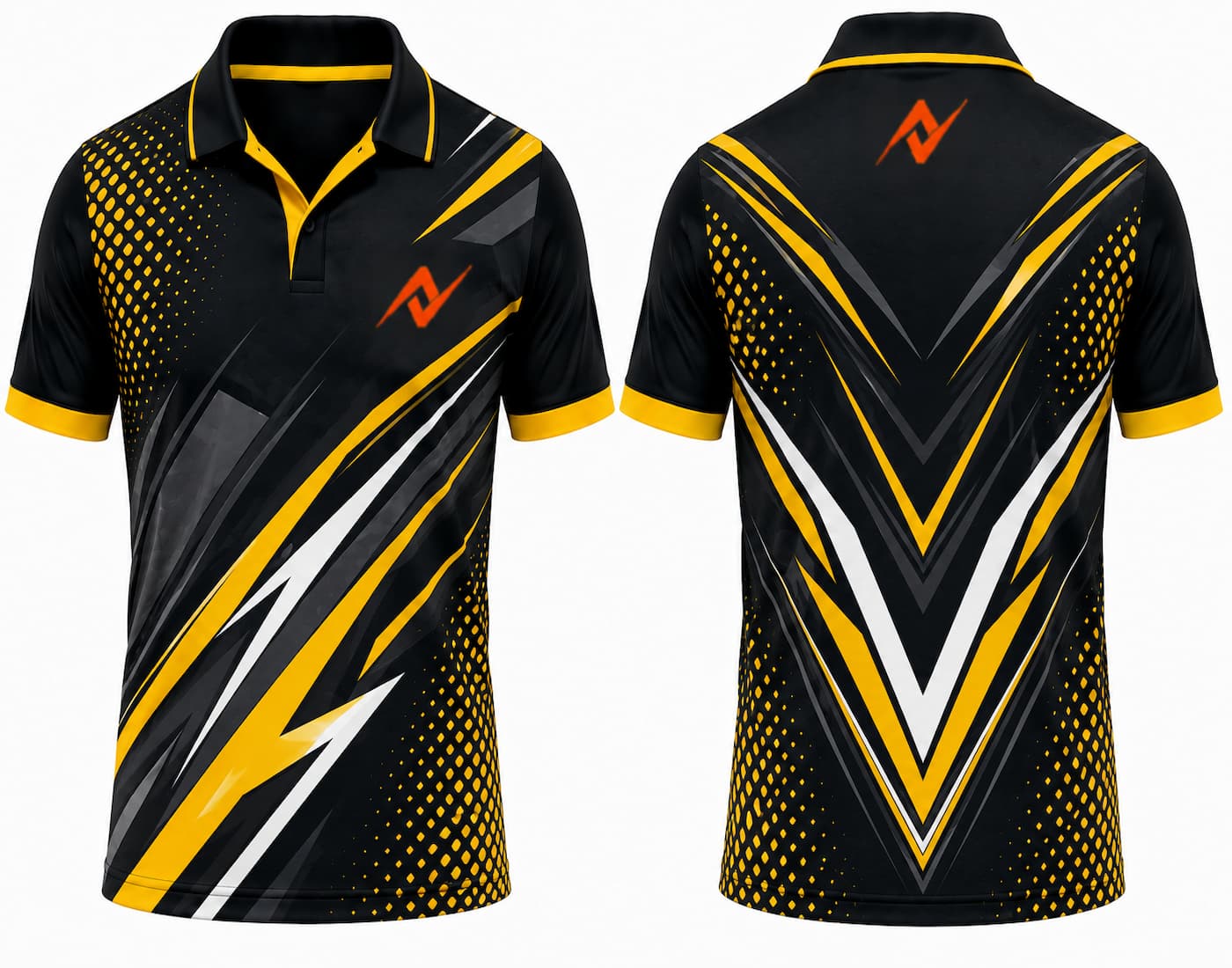 Premium black and gold lightning cricket jersey front and back with orange logo on side chest and upper back, V-neck polo collar sublimation sports jersey