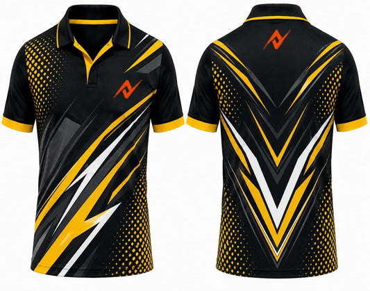 Premium black and gold lightning cricket jersey front and back with orange logo on side chest and upper back, V-neck polo collar sublimation sports jersey