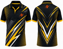 Premium black and gold lightning cricket jersey front and back with orange logo on side chest and upper back, V-neck polo collar sublimation sports jersey
