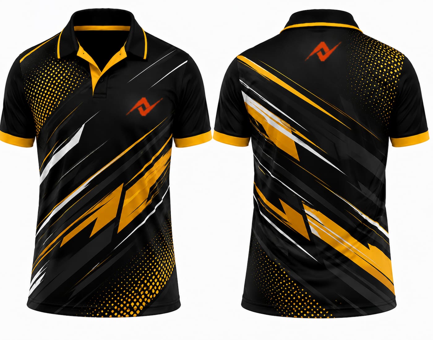 Premium black gold strike cricket jersey front and back with orange logo on left chest and upper back, V-neck polo collar sublimation sports jersey