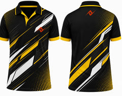 Premium black gold Velocity Pro cricket jersey front and back with orange logo on left chest and upper back, V-neck polo collar sublimation sports jersey