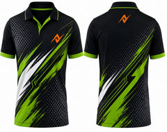 Premium black and lime green cricket jersey front and back with orange logo on side chest and upper back, V-neck polo collar sublimation sports jersey