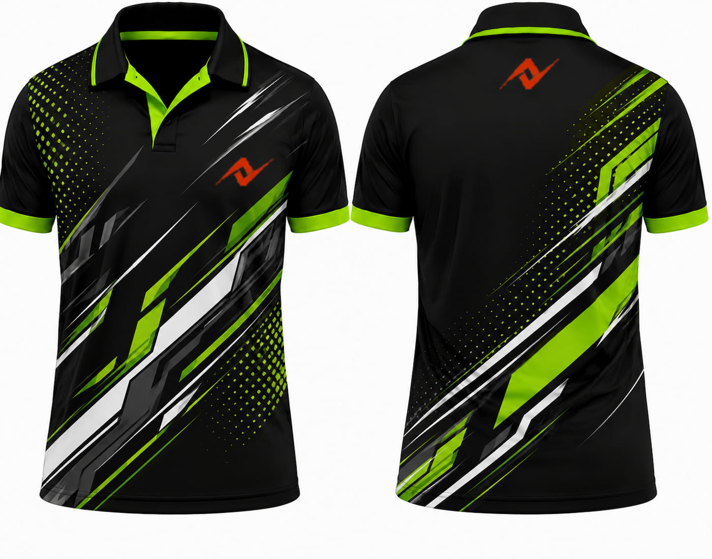 Premium black neon green Apex cricket jersey front and back with orange logo on left chest and upper back, V-neck polo collar sublimation sports jersey