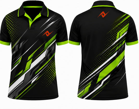 Premium black neon green Apex cricket jersey front and back with orange logo on left chest and upper back, V-neck polo collar sublimation sports jersey