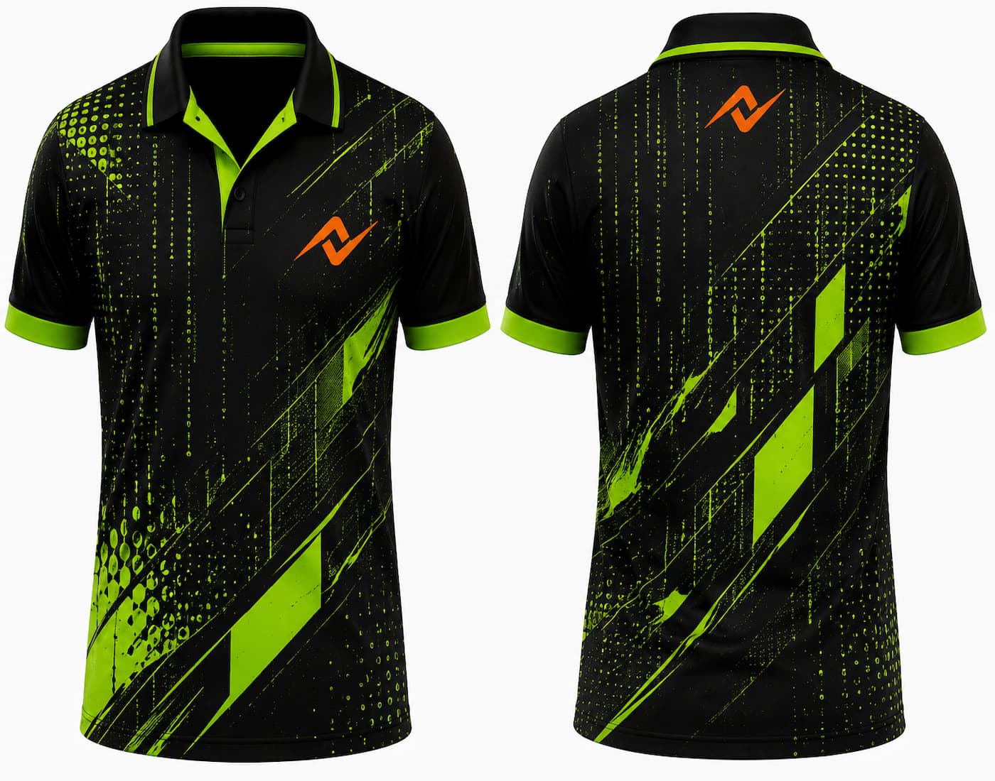 Premium black neon green Cyber Matrix cricket jersey front and back with orange logo on left chest and upper back, digital geometric graphics, V-neck polo collar sublimation sports jersey