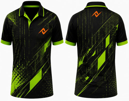 Premium black neon green Cyber Matrix cricket jersey front and back with orange logo on left chest and upper back, digital geometric graphics, V-neck polo collar sublimation sports jersey