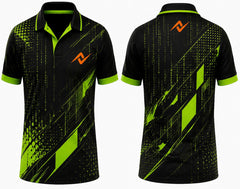 Premium black neon green Cyber Matrix cricket jersey front and back with orange logo on left chest and upper back, digital geometric graphics, V-neck polo collar sublimation sports jersey