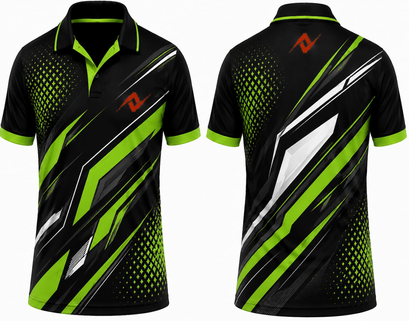 Premium black neon green Matrix Force cricket jersey front and back with orange logo on left chest and upper back, V-neck polo collar sublimation sports jersey