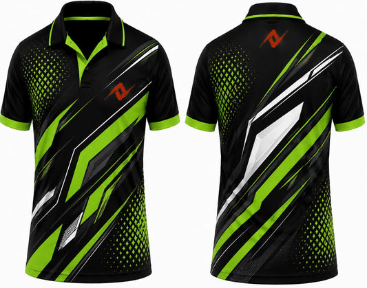 Premium black neon green Matrix Force cricket jersey front and back with orange logo on left chest and upper back, V-neck polo collar sublimation sports jersey
