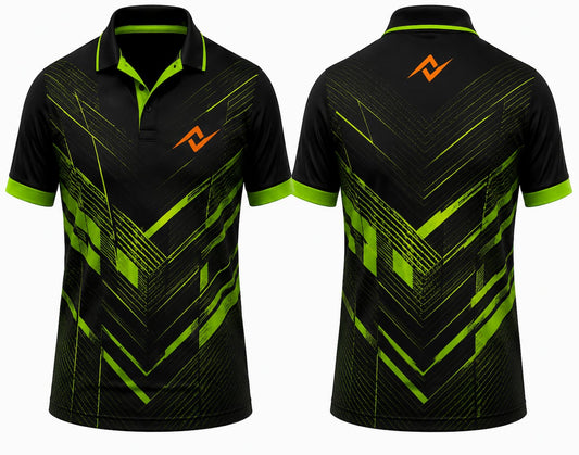 Premium black neon green Vector Force cricket jersey front and back with orange chest logo, neon green geometric V graphics, V-neck polo collar sublimation cricket jersey