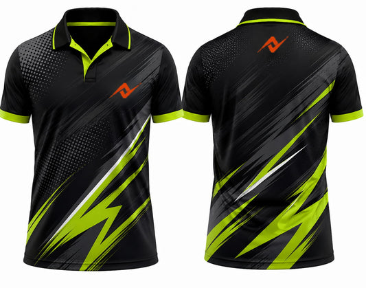 Premium black neon lime thunder cricket jersey front and back with orange logo on left chest and upper back, V-neck polo collar sublimation sports jersey