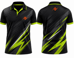 Premium black neon lime thunder cricket jersey front and back with orange logo on left chest and upper back, V-neck polo collar sublimation sports jersey