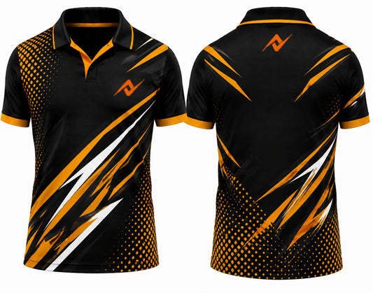 Premium black orange lightning cricket jersey front and back with custom orange logo on side chest and upper back, V-neck polo collar sublimation sports jersey