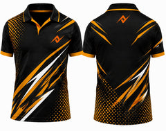 Premium black orange lightning cricket jersey front and back with custom orange logo on side chest and upper back, V-neck polo collar sublimation sports jersey