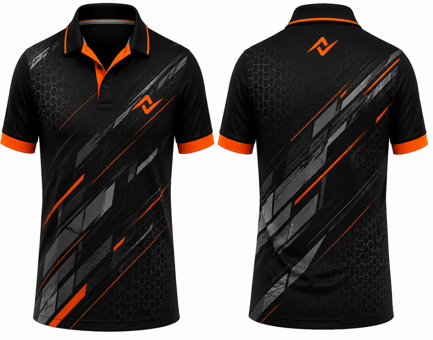 Premium black orange Phantom Strike cricket jersey front and back with orange logo on left chest and upper back, geometric speed graphics, V-neck polo collar sublimation sports jersey