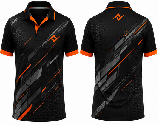 Premium black orange Phantom Strike cricket jersey front and back with orange logo on left chest and upper back, geometric speed graphics, V-neck polo collar sublimation sports jersey