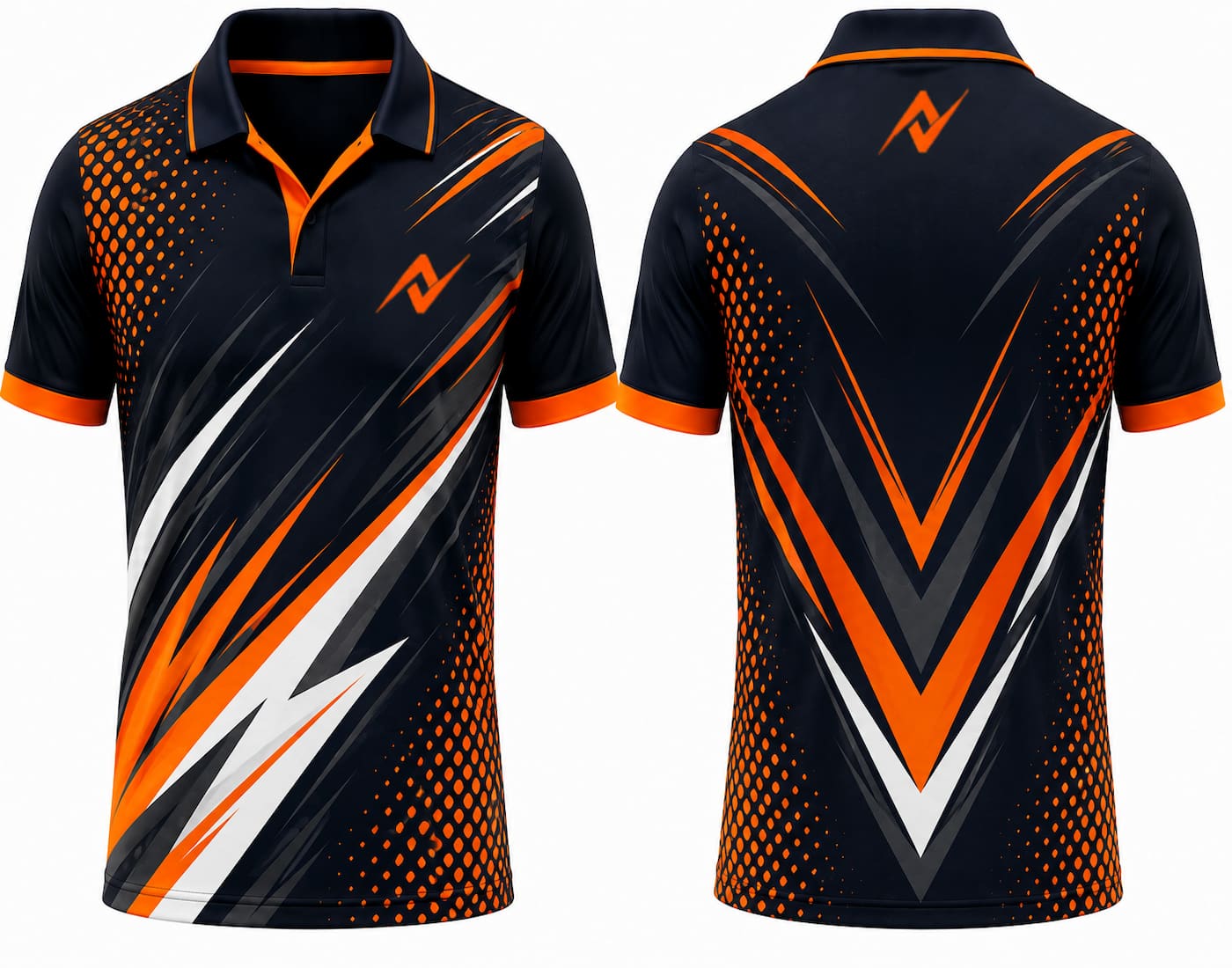 Premium black and orange cricket jersey front and back with orange logo on side chest and upper back, V-neck polo collar sublimation sports jersey