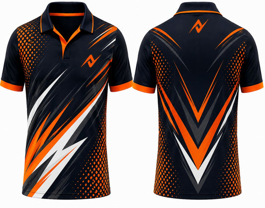 Premium black and orange cricket jersey front and back with orange logo on side chest and upper back, V-neck polo collar sublimation sports jersey