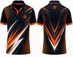 Premium black and orange cricket jersey front and back with orange logo on side chest and upper back, V-neck polo collar sublimation sports jersey