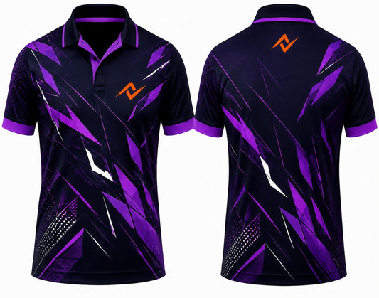 Premium black purple Phantom Edge cricket jersey front and back with orange logo on left chest and upper back, purple geometric graphics, V-neck polo collar sublimation sports jersey