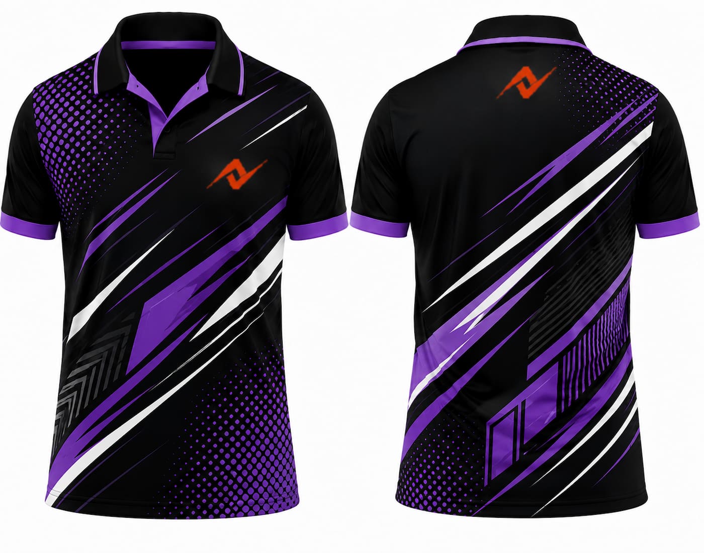 Premium black purple phantom cricket jersey front and back with orange logo on left chest and upper back, V-neck polo collar sublimation sports jersey